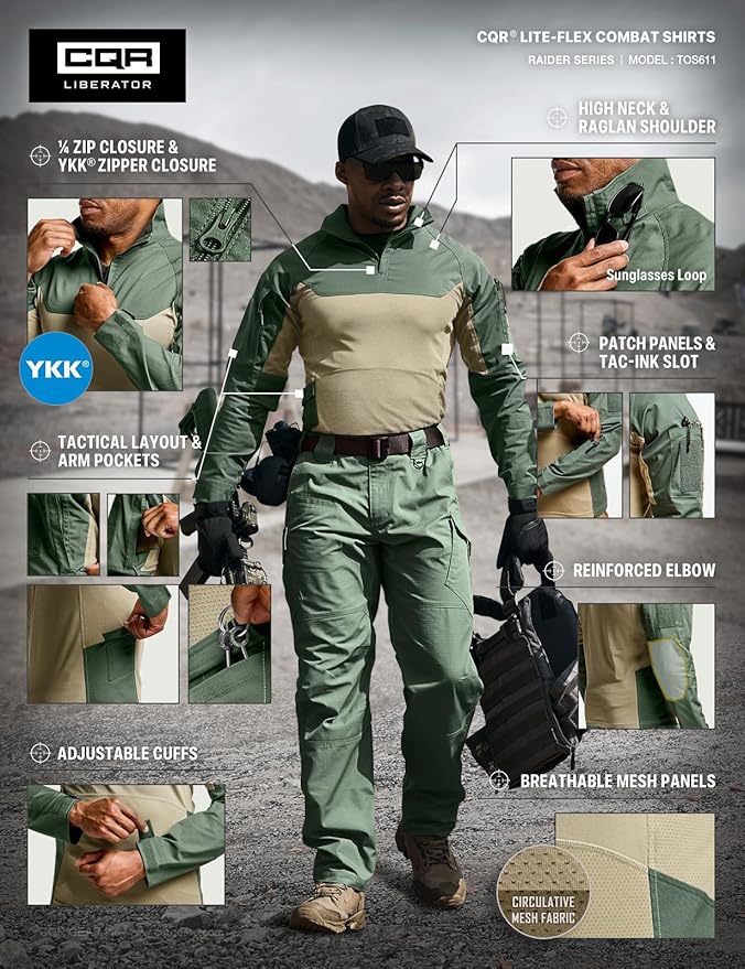 CQR Men's Combat Shirt Tactical 1/4 Zip Long Sleeve Military BDU Shirts Camo EDC Top with Pockets