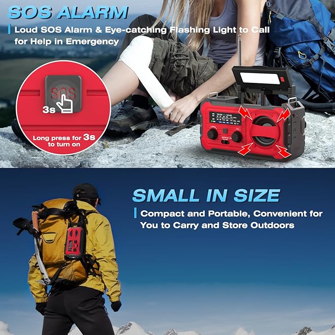 10000mAh Emergency Radio, NOAA Weather Radio with AM/FM, 37000mWh Rechargeable Phone Power, USB/Solar/Hand Crank Charging, LED Flashlight, SOS Alarm, Reading Lamp for Indoor/Outdoor Emergencies