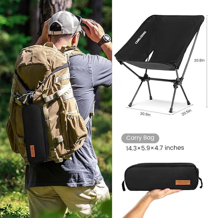 CAMEL CROWN Portable Camping Chair Folding Compact Lawn Lightweight Backpacking Chair with Carry Bag for Outdoor Hiking Beach Travel Picnic Festival Black