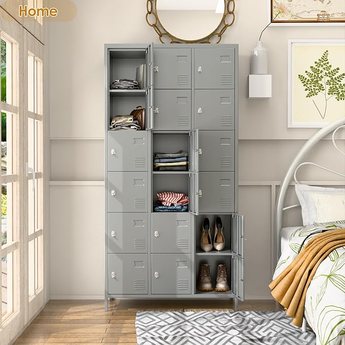 Metal Lockers for Employees, Steel Storage Locker with 18 Doors for School Office Gym Bedroom,Assembly Required, Light Grey,18 Doors