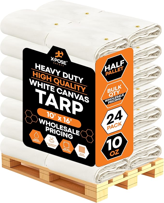 Xpose Safety 10oz White Canvas Tarps 10' x 16' – Bulk Half Pallet (24 Packs) – Multipurpose Heavy Duty Water-Resistant Tarpaulin with Brass Grommets for Camping, Canopy & Equipment Protection