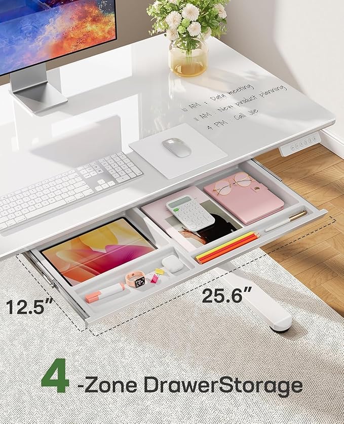 Marsail Glass Standing Desk with Drawer, 48 x 24 Inches Office Desk, Electric Standing Desk with One-Piece Tempered Glass Top, Ergonomic Home Office Sit Stand Desk with 4 Preset Heights, White