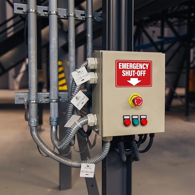 Emergency Shut-Off Sign Sticker with Down Arrow, Waterproof Durable Emergency Stop Stickers, Shut Off Valve Sign for Powered Machinery and Equipment