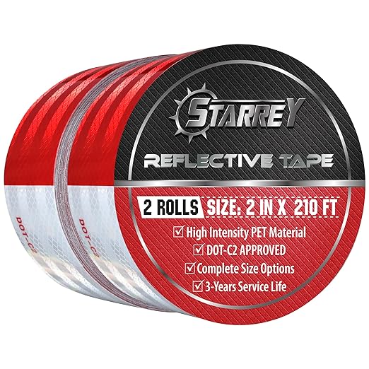Reflective Tape Outdoor Red White 2 in X 210 FT Waterproof Self Adhesive DOT-C2 Safety Caution Reflector Conspicuity dot Tape for Cars Trailers