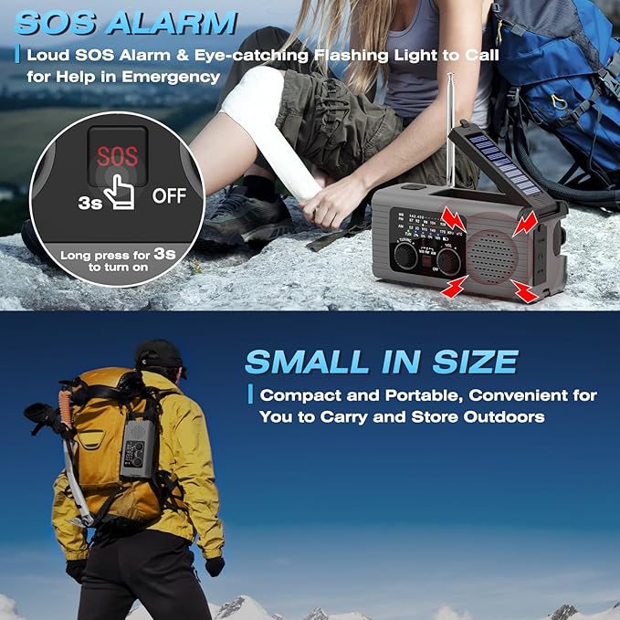 Emergency Radio 4000mAh Solar Hand Crank AM/FM/NOAA Portable Weather Radio with Phone Charger, LED Flashlight, Reading Lamp, SOS Alarm, Headphone Jack for Indoor Outdoor Emergency, USB Charged