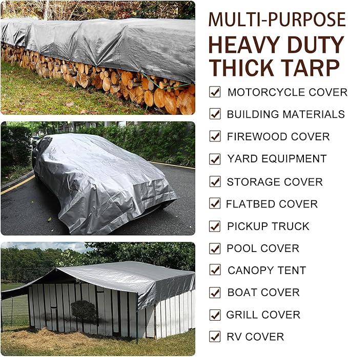 Sunvigor Tarp Waterproof 8x10Ft, Heavy Duty Tarp Cover Extra Thick 14 Mil Tear and UV Resistant, Outdoor Tarps with Grommets and Reinforced Edges for Roof, Camping, Patio, Pool, Boat