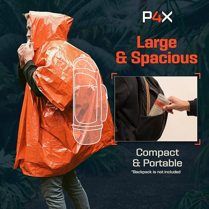 PREPARED4X Emergency Poncho and Mylar Blanket Liner - Waterproof, Wind-Resistant Outdoor Rain Poncho for Camping, Emergencies