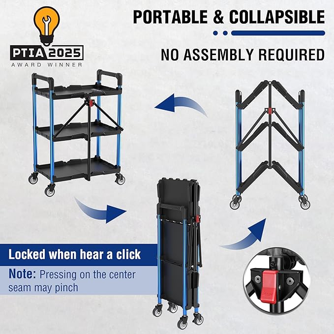 WORKPRO 3-Tier Collapsible Service Cart, 210 LBS Foldable Utility Service Cart with Wheels, Portable Tool Cart for Garage, Warehouse, Home, Restaurant, Office (No Assembly Required)