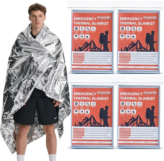 Emergency Mylar Thermal Blankets,Silver Foil Blanket Kit.Camping Heat Space Blankets for Survival,Perfect for Body Warmer in Hiking,Outdoor Traveling, First Aid (4 Pack)