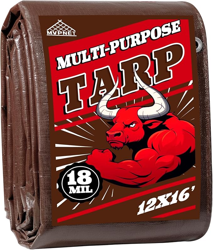 Tarp 12x16FT, 18 Mil Heavy Duty Large Tarps, 100% Waterproof Tarp, UV Resistant, Brass Grommets and Reinforced Edges.Brown Tarp Suitable for Courtyards, Cars, Camping, Gardens, Pet Nests -by Mvpnet