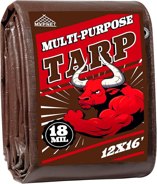 Tarp 12x16FT, 18 Mil Heavy Duty Large Tarps, 100% Waterproof Tarp, UV Resistant, Brass Grommets and Reinforced Edges.Brown Tarp Suitable for Courtyards, Cars, Camping, Gardens, Pet Nests -by Mvpnet
