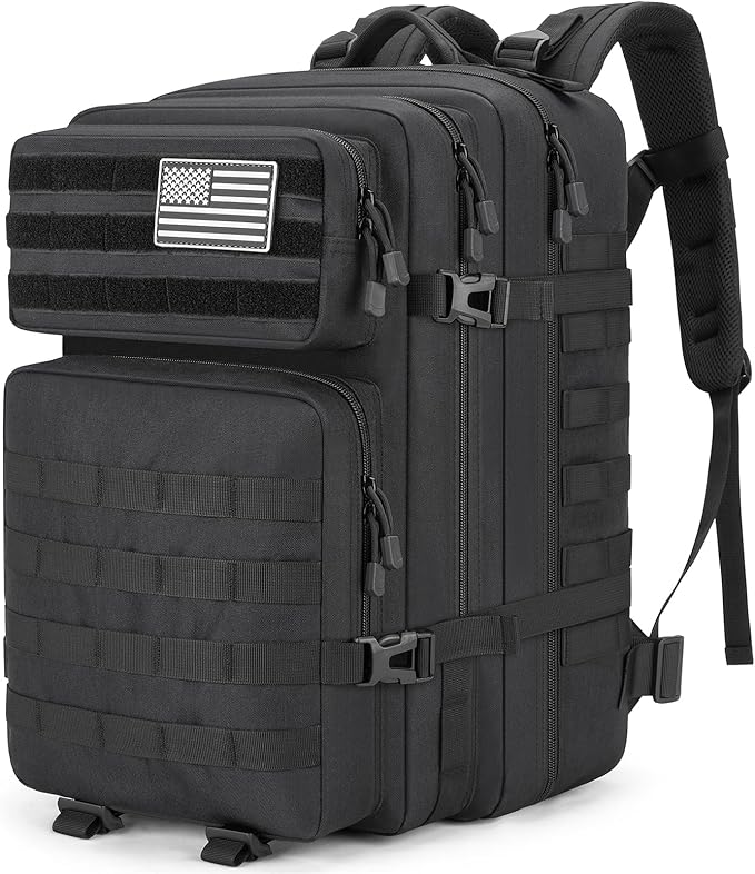 Tactical Backpack 45L Army Military Rucksack, Water Resistant MOLLE EDC Pack, Large 3 Day Bug Out Bag for Men & Women, Durable Outdoor Gear for Hiking, Camping, Hunting, Fishing,Travel (Black)