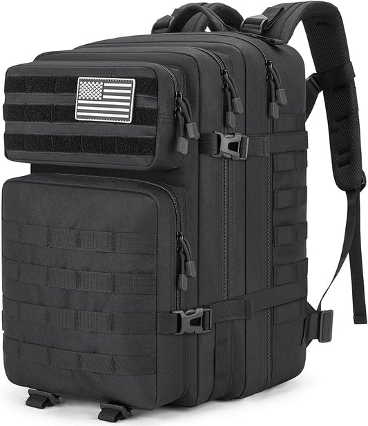 Tactical Backpack 45L Army Military Rucksack, Water Resistant MOLLE EDC Pack, Large 3 Day Bug Out Bag for Men & Women, Durable Outdoor Gear for Hiking, Camping, Hunting, Fishing,Travel (Black)