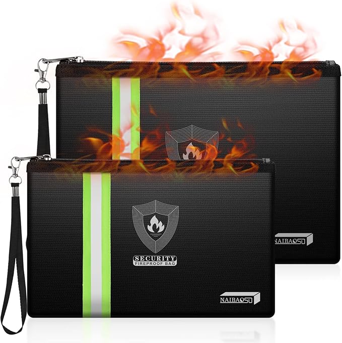 Fireproof Document Bag with Metal Zipper & Reflective Strip, Waterproof Fire Safe Pouch for Cash, Passport, Certificates, Valuables (2 Sizes: 13.3x9.4" & 10.8x6.8")