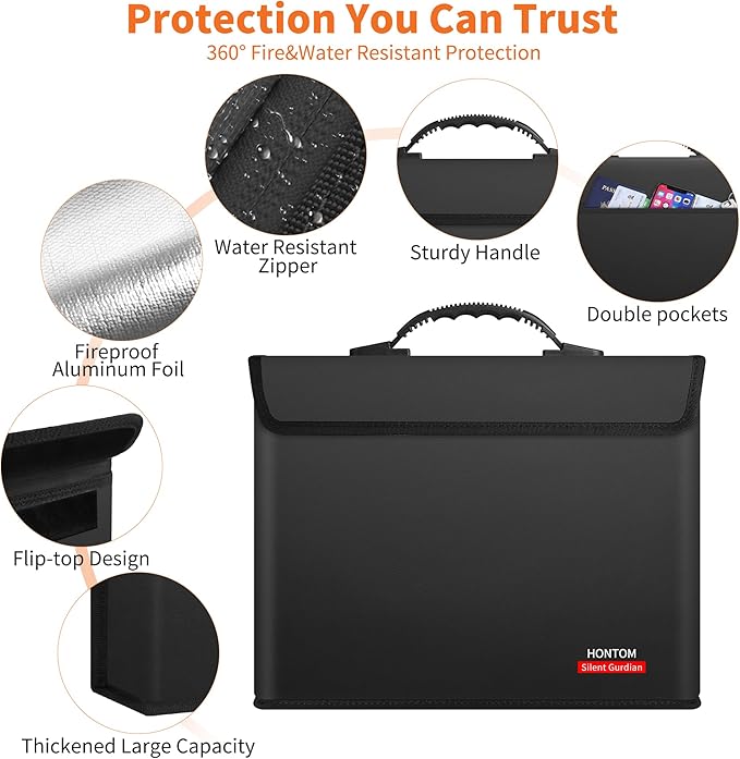 Hontom Fireproof Document Bag with 2 Pockets, 6400℉ Upgraded Material Fireproof Money Bag with Lid, Travel Home Fire Safe Storage Cash Pouch for Important Documents
