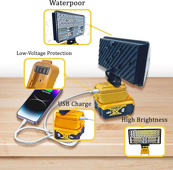 Cordless LED Work Light for Dewalt 20V Battery，90W 5400LM Wide Beam Flood Light with Two USB Charging Port Flashlight for Emergency,Workshop,Garage.(No Battery)