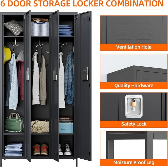 Metal Lockers with 3 Doors, 72" Tall Locker for Employees, Home Office School Gym, Assembly Required, 3 Doors, Dark Gray