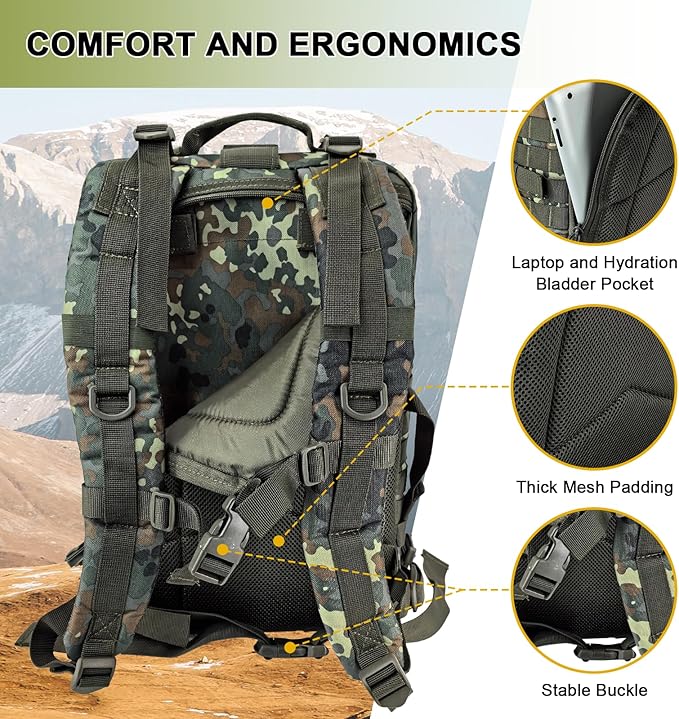 MOLLE Assault Backpack, Tactical Backpack Military Army Camping Rucksack, 3-Day Pack Trip w/USA Flag Patch, D-Rings, Flecktarn
