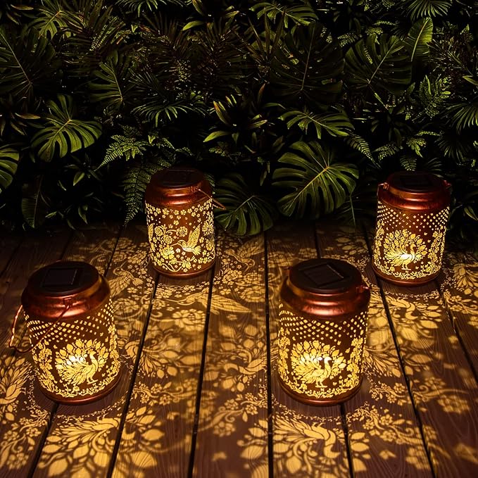 YISITEONE Peacock Outdoor Solar Lanterns, Garden Waterproof Metal Hanging Decor Lights for Patio Yard Pathway Lawn Front Porch, Birthday Gardening Gifts for Women Mom Grandma