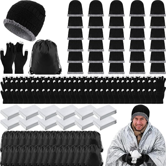 Geyoga 120 Pcs Charity Donation Homeless Care Supplies Bulk Winter Beanie Emergency Blanket Touchscreen Glove Drawstring Bags