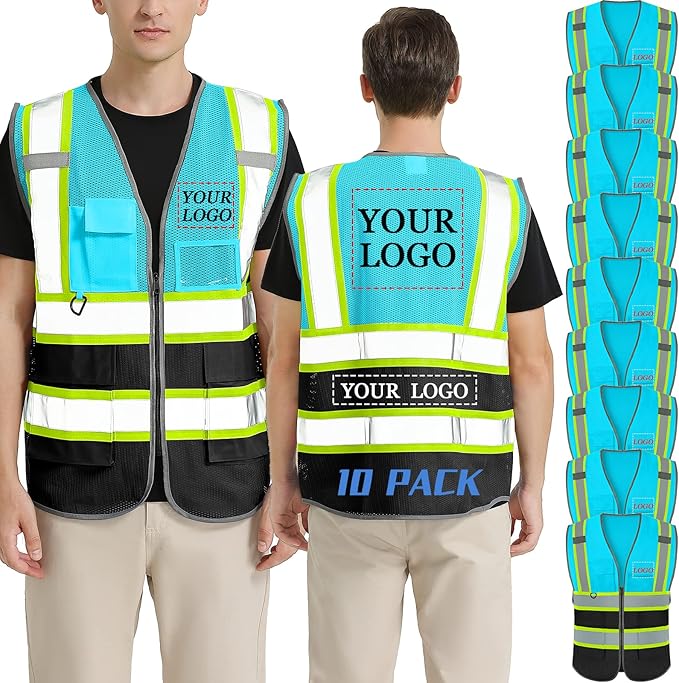 BeautyWill 10 Pack Custom Logo Safety Vest ANSI Class 2 High Visibility Reflective Vest Personalized Construction Vest Bulk
