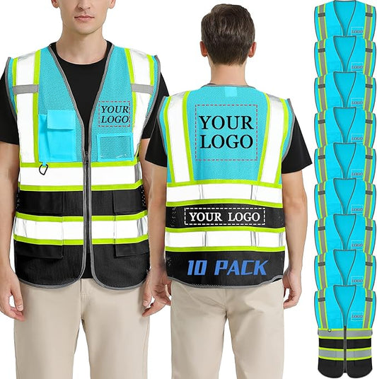 BeautyWill 10 Pack Custom Logo Safety Vest ANSI Class 2 High Visibility Reflective Vest Personalized Construction Vest Bulk