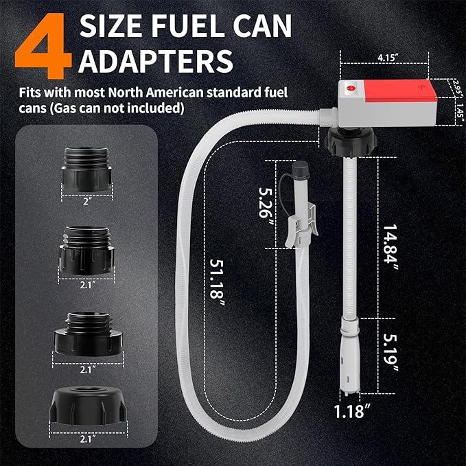 Automatic Fuel Transfer Pump with Auto Stop Sensor Overfill Protection, Fast and Safe Portable Gas Can Pump with 3 Can Adapters & 51'' Extra Long Hose for Oil, Diesel, Gasoline
