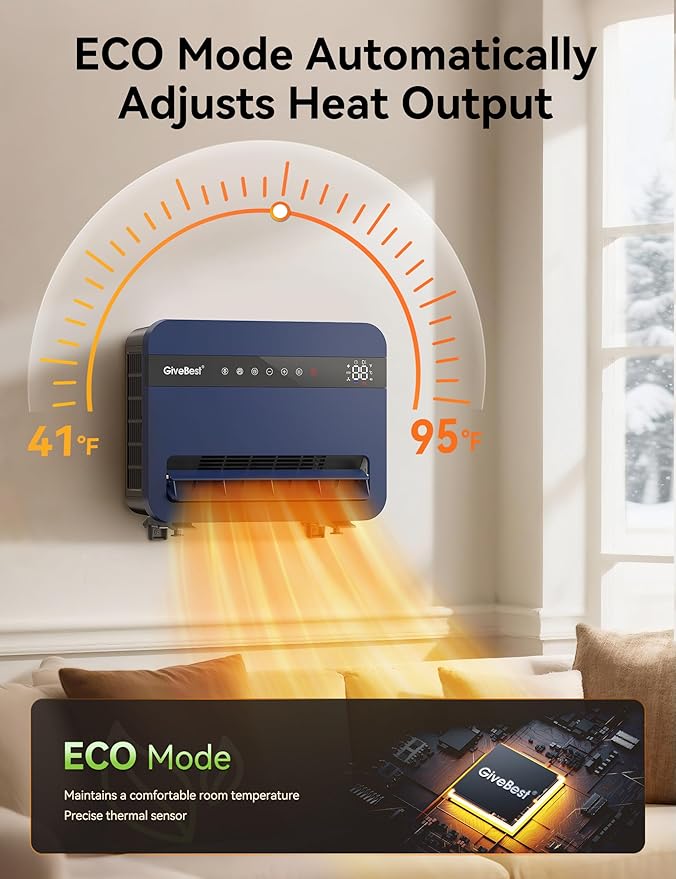 Givebest-Wall-Heater-for-Indoor-Use, 1500W Electric-Space-Heater, 120°Vertical Oscillation,Works with Alexa, Adjustable Thermostat, Remote Control, 24H Timer, Easy-mounted Heater for Indoor Use,Blue
