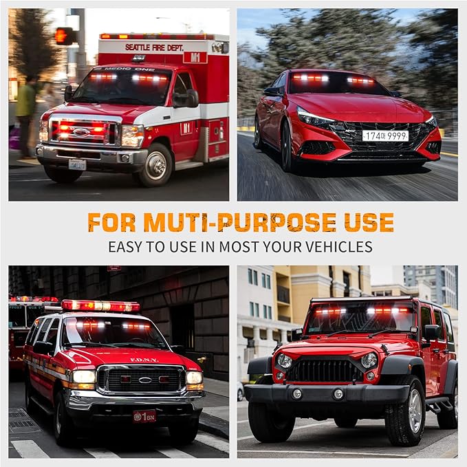 XRIDONSEN 34 inch Emergency Visor Lights 40 LED Red White Strobe Lights Interior Front Windshield Warning Flashing Hazard Light w/Take Down for Volunteer Firefighter Vehicles POV Trucks