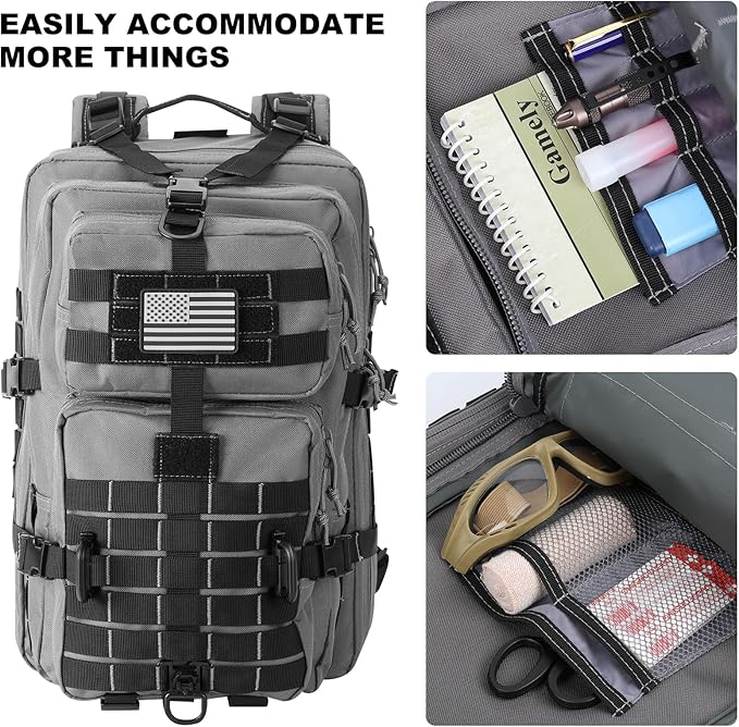 MOLLE Assault Backpack, Tactical Backpack Military Army Camping Rucksack, 3-Day Pack Trip w/USA Flag Patch, D-Rings Grey and Black