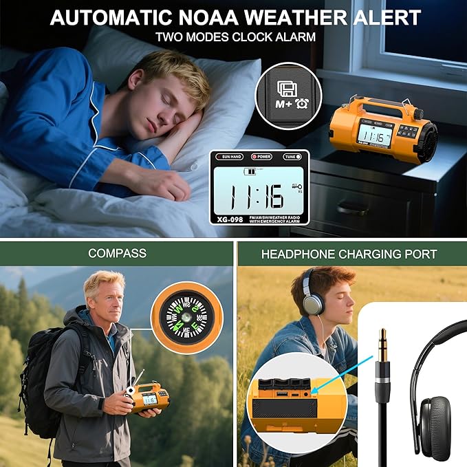 Hand Crank Emergency Radio with NOAA Weather Alert, Replaceable Battery, Rechargeable Portable Solar SW/AM/FM Radio, Clock SOS Alarm & Flashlight Headphone Jack Emergencies