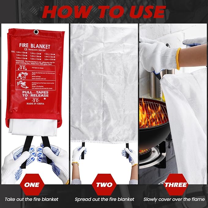 6 Sets Emergency Fire Blanket for Home Fire Suppression Thermal Blankets with Emergency Whistles, Hooks and Gloves for Kitchen, Fireplace, Car, Office, 39.3" x 39.3"