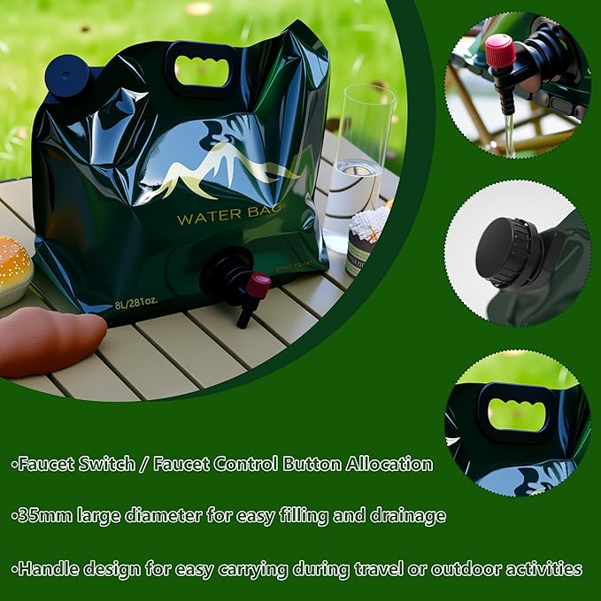 Water Storage Containers,2 Gallon (8 L) Collapsible Camping Water Jug,BPA Free Food Grade Water Container With Spigot,Potable Folding Emergency Water Bags for Hiking & Outdoor (Dark Green)