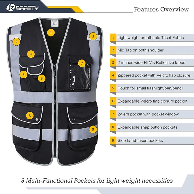 JKSafety 9 Multi-Functional Pockets Zipper Front Safety Vest With Reflective Strips Meet ANSI/ISEA Standards (150-Black, Large)