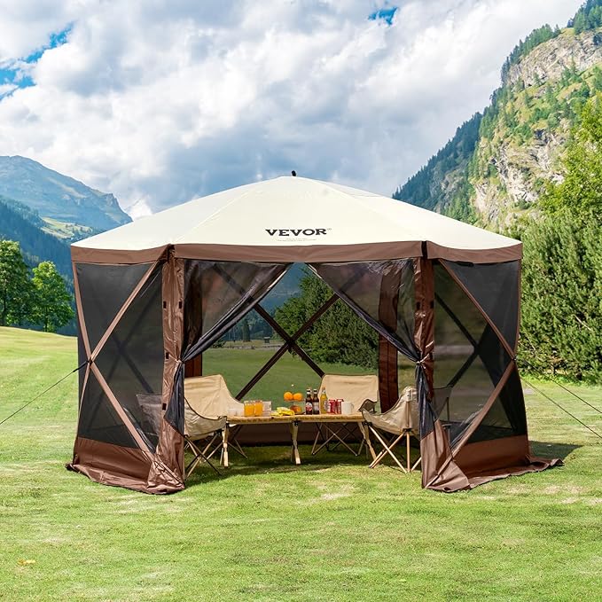 VEVOR Pop Up Gazebo Screen Tent 6 Sided Canopy Sun Shelter with 6 Removable Privacy Wind Cloths & Mesh Windows, 11.5x11.5FT Quick Set Screen Tent with Mosquito Netting, Brown