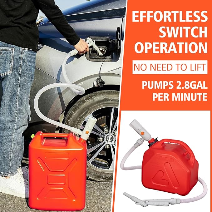 Battery Powered Fuel Transfer Pump with Hand Trigger Nozzle | Electric Gas Siphon Pump for Gasoline, Diesel, Kerosene, Water - 2.8GPM with 54” Long Hose for Cars, Boats, Mowers & Gas Cans