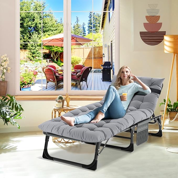 ABORON Patio Lounge Chair, Folding Guest Bed Cot for Adults, 500LB Heavy-Duty Capacity, Portable Extra Bed with Comfort Mat, Quick Fold Design for Indoor Guest Stays & Temporary Use