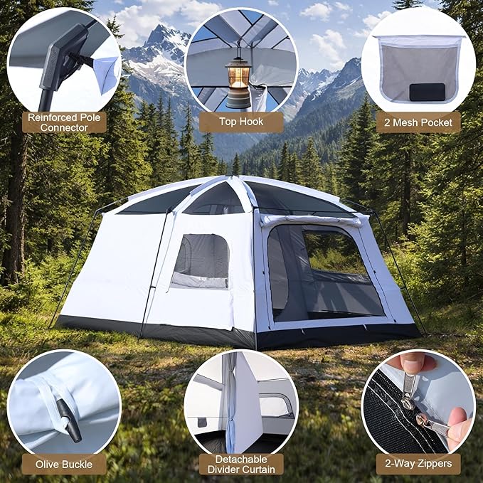 8-10 Person Camping Tent, Large Family Cabin Tents with Porch & Rainfly, Double Layer Waterproof Glamping Tent with 2 Rooms 3 Doors, Portable Big Tents for Outdoor Camping Hiking Party