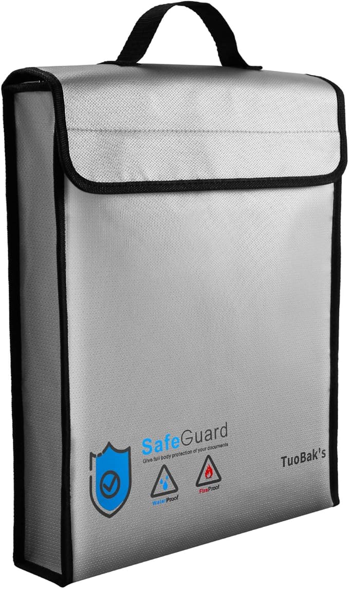 TuoBak's Fireproof Waterproof Document Bag with Zipper,Heat Insulated Upgraded Fireproof Document Bag 15.8”x 12.6”×2.5” for Important Document Storage Organizer for Valuables, Legal Documents Safe