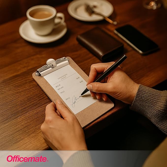 Officemate 5" x 9" Clipboard for Receipts, Low Profile Metal Clip & Pen Holder on Side, Memo Size for Restaurants, Hotels, Food Trucks, Bars, Schools, and Other Venues, 12 Clipboards + 12 Pens (83159)