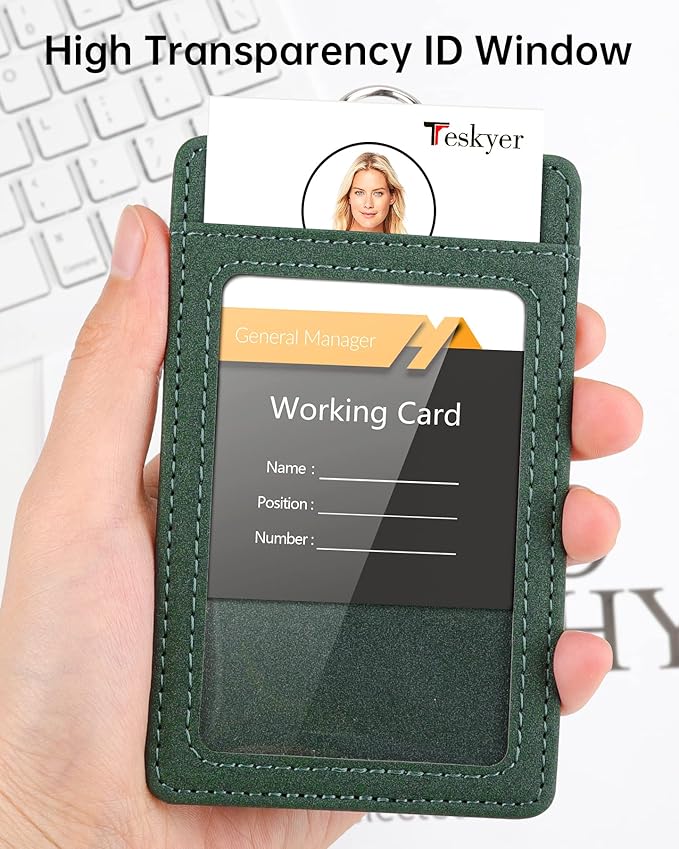 Teskyer Badge Holder with Lanyard, Leather ID Name Badge Card Holder with Lanyard for ID Badges, Vertical, Starry Dark Green