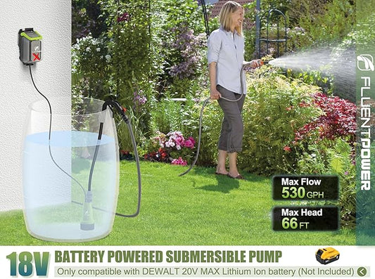 FLUENTPOWER Cordless Submersible Water Transfer Pump, 530GPH 2Bar, Portable Sump Pump, Compatible with DEWALT 20V MAX Battery (Not Included)