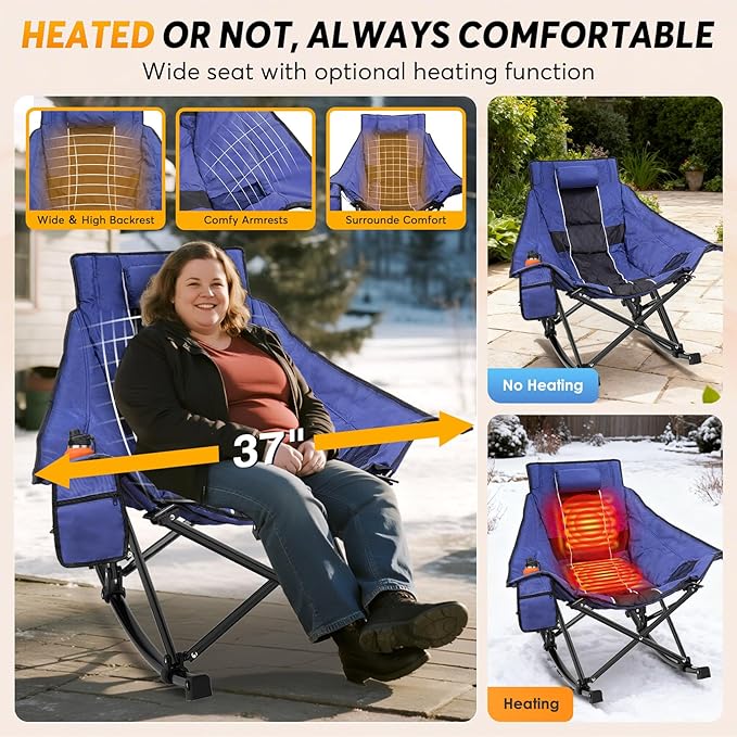 Suteck Heated Rocking Camping Chair, Oversized Heated Camping Chair W/20000mAh Power Bank & Carry Bag, Fully Padded Heated Chairs for Outdoor Sports W/3 Heat Levels for Back & Seat, Lawn Picnic Patio