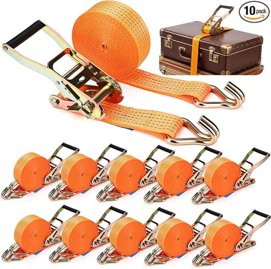 10 Pack 2 x 30 ft Car Tie Down Straps for Trailers 6600lbs Breaking Strength Ratchet Strap Tie Down J Hook Heavy Duty Cargo Ratcheting Strap for Cargo Vans, Trucks, Trailers, Orange