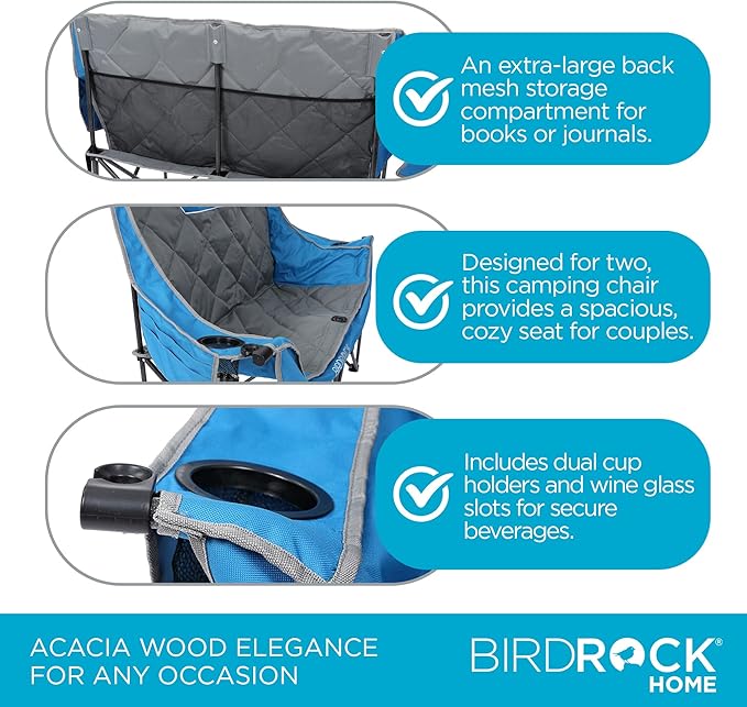 BIRDROCK HOME Double Camping Chair - Double Wine & Cup Holders - Blue & Grey, Durable Padded Fabric, Sturdy Frame, 650 lb Cap. Storage, Spacious Camping Sofa, Loveseat for The Beach, Sports, Outdoors