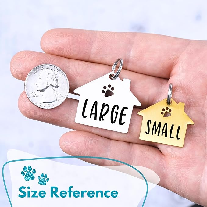 Ultra Joys Dog Tags Personalized for Pets - Hollow Paw Custom Pet ID Tag - Engraved Dog Tag for Small, Large Dogs - Small House in Gold