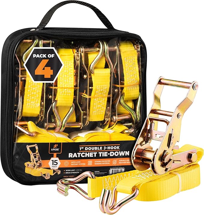 Ratchet Straps Heavy Duty 1" x 15' – 3,000 lbs Break Strength Tie Down Straps with Double J Hooks, Ratcheting Cargo Straps for Truck, Trailer, Kayak, Motorcycle & Moving – 4 Pack