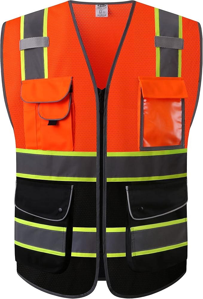 JKSafety 9 Pockets High Visibility Dual Color Zipper Front MESH Lite Safety Vest | Yellow Color Triming Reflective Strip | ANSI/ISEA Standards (100-Orange-Black, XXL)
