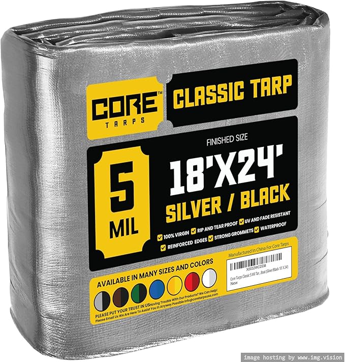 Core Tarps Classic 5 Mil Tarp Cover, Waterproof, UV Resistant, Rip and Tear Proof, Poly Tarpaulin with Reinforced Edges for Roof, Camping, Patio, Pool Cover, Boat (Silver/Black 18′ X 24′)
