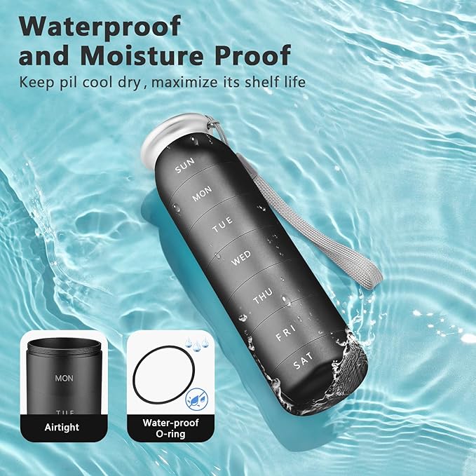 Weekly Pill Organizer, Portable Travel 7 Day, Waterproof Container, Large, Aluminum, Metal, Hold Vitamins, Cod Liver Oil, Supplements and Medications (Black)